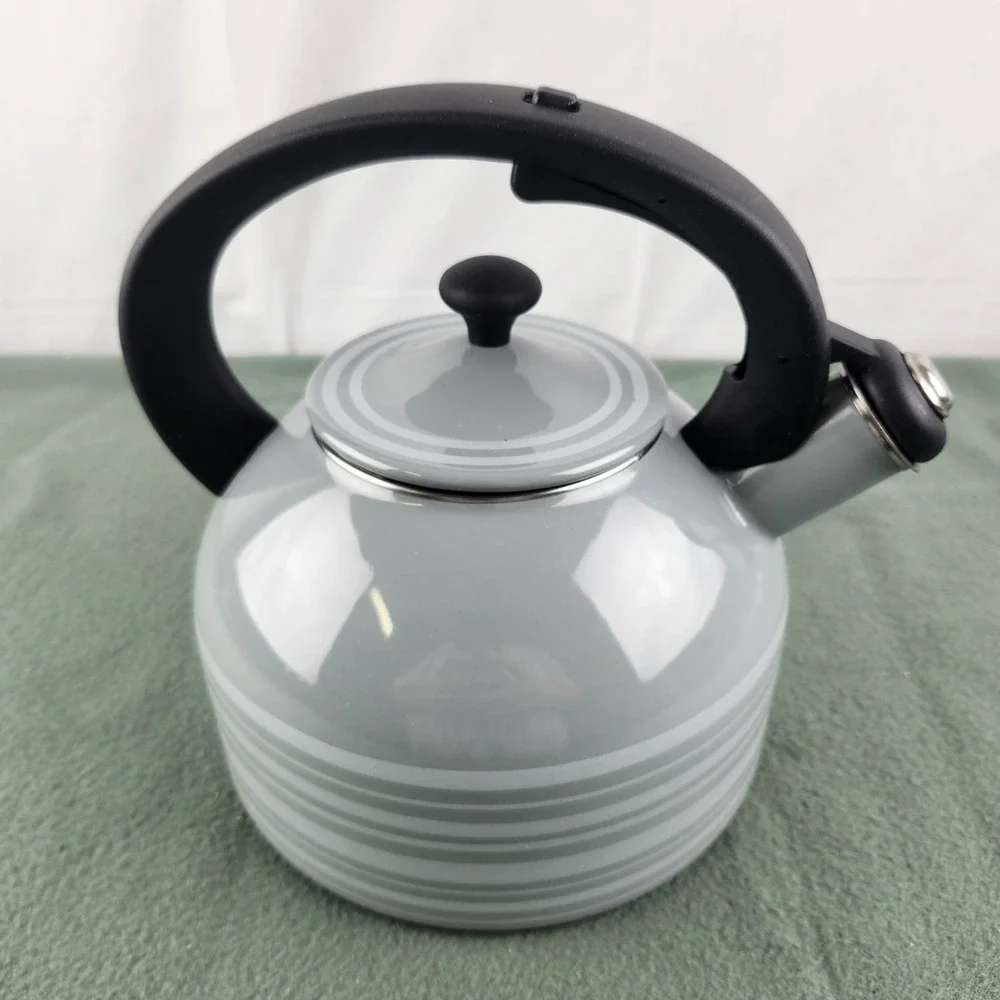 Temptations Gray Enamel Tea & Whistling Kettle with Ergonomic Plastic Handle